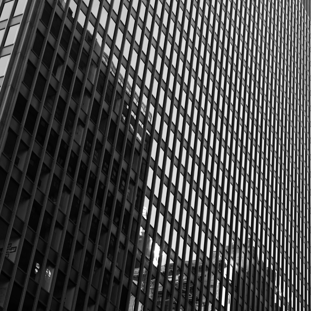 B&W photo of a close up of an office building